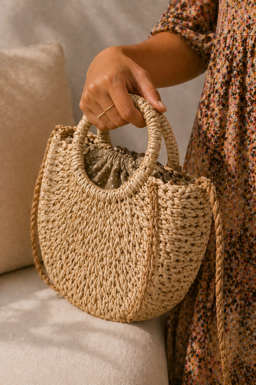 Borsa a Mano Intrecciata Naturale/Manico Circolare