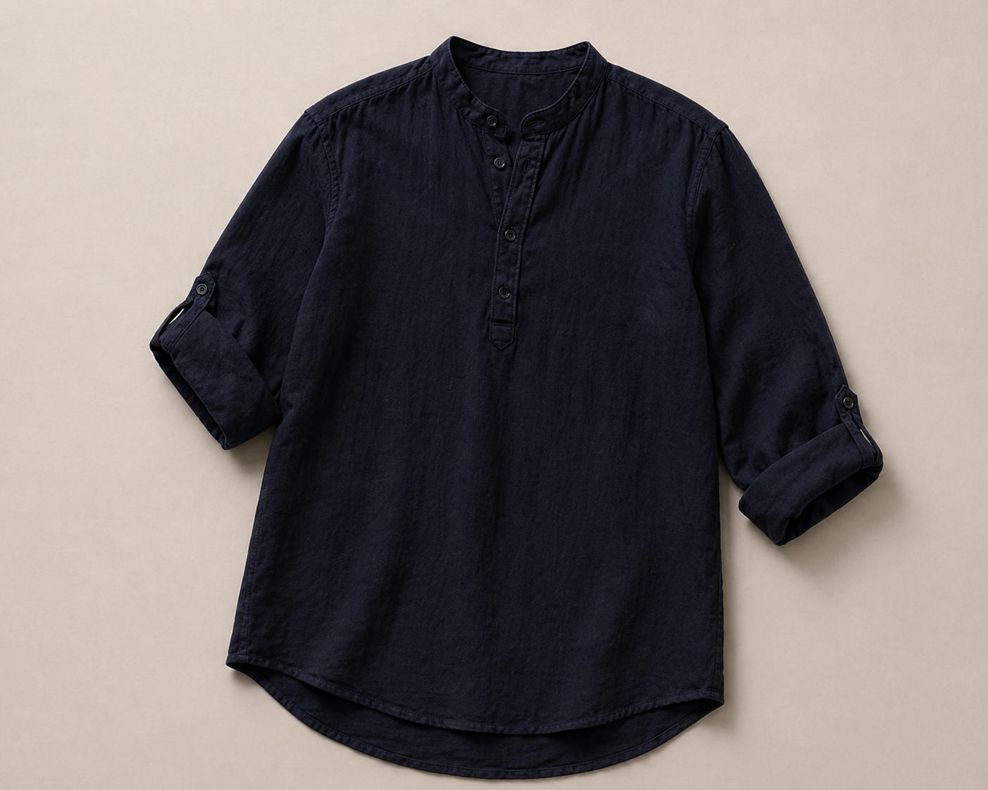 Camicia Blu Navy Lino/Colletto alla Coreana