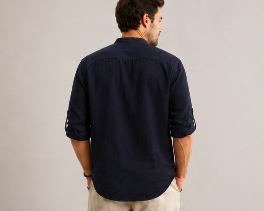 Camicia Blu Navy Lino/Colletto alla Coreana