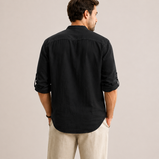 Camicia Nera Lino/Collo Coreana