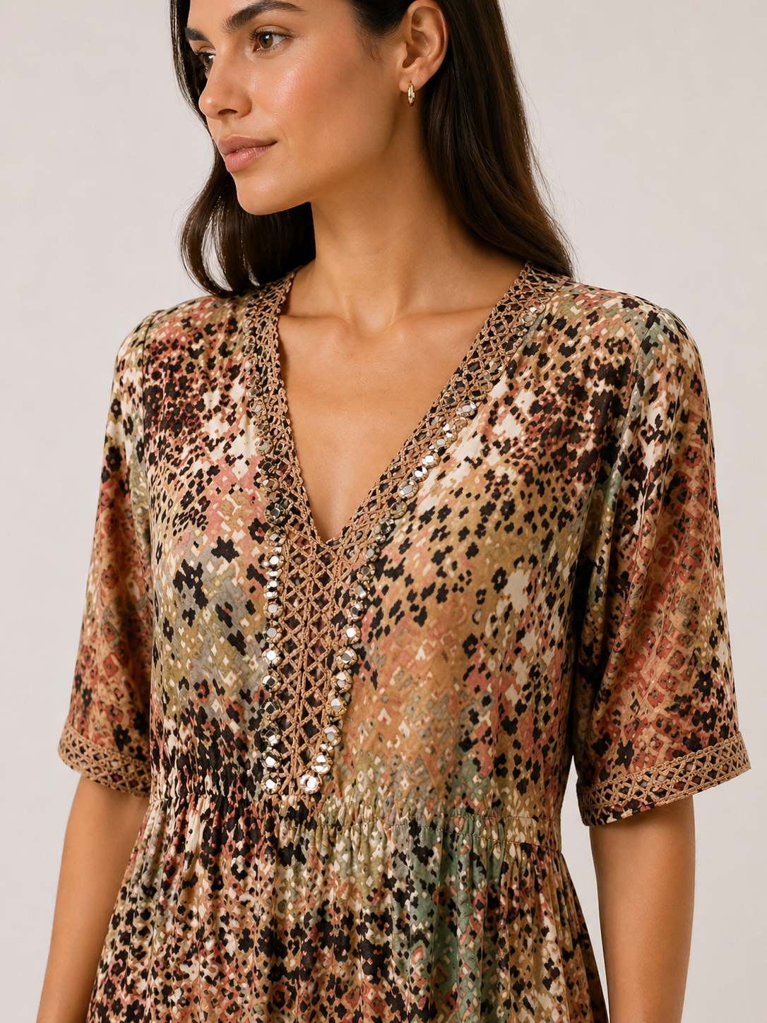 Abito Midi Stampa Multicolore/Dettaglio Boho