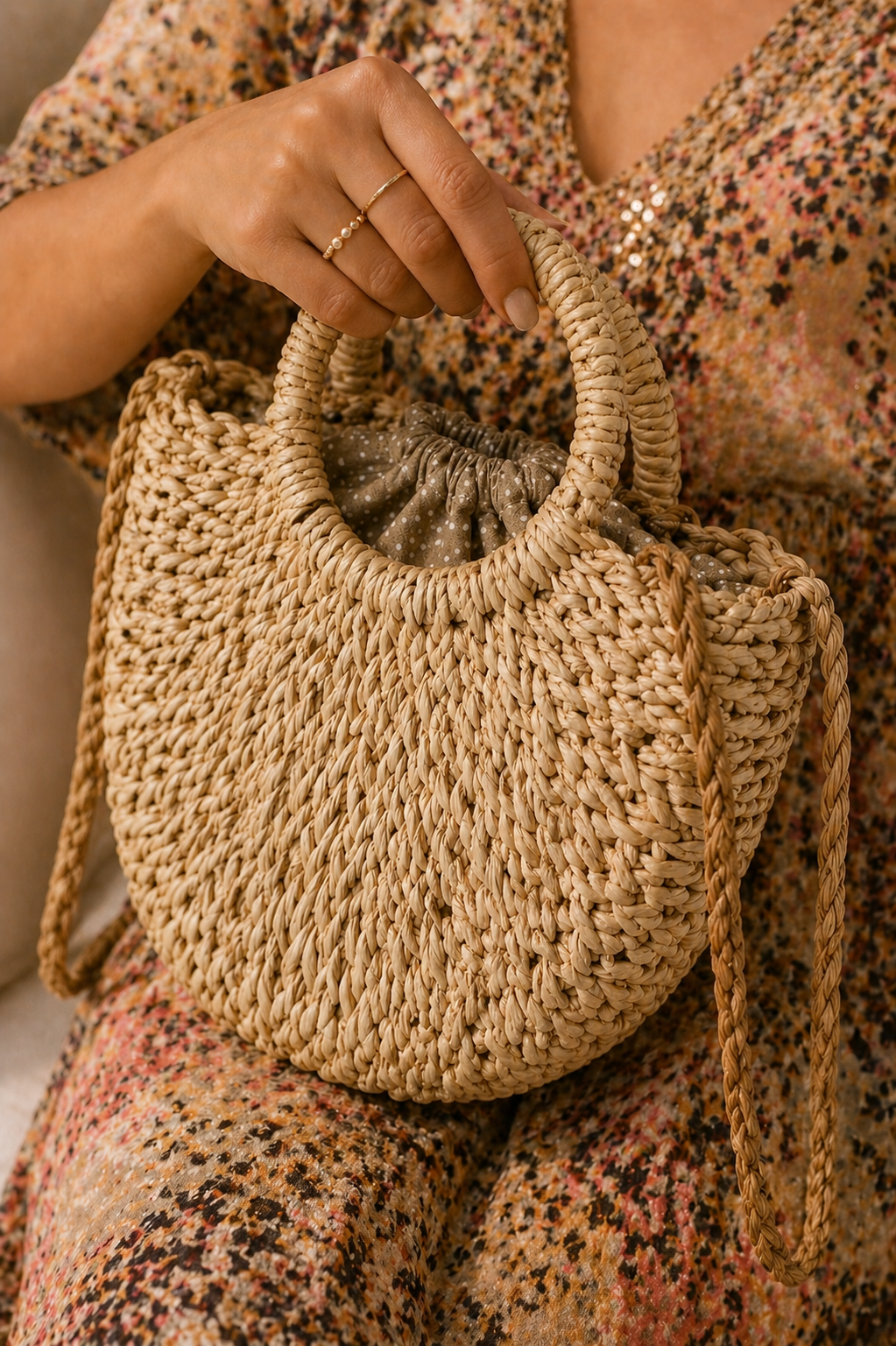 Borsa a Mano Intrecciata Naturale/Manico Circolare