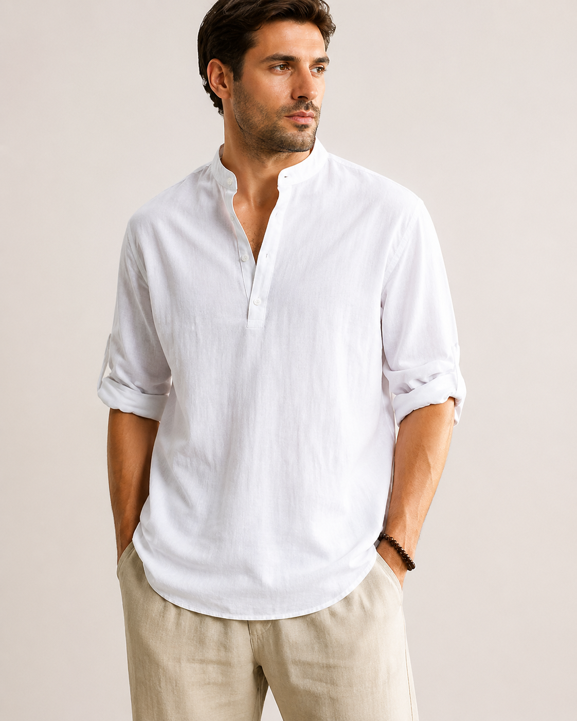 Camicia Lino Bianca/Colletto coreana