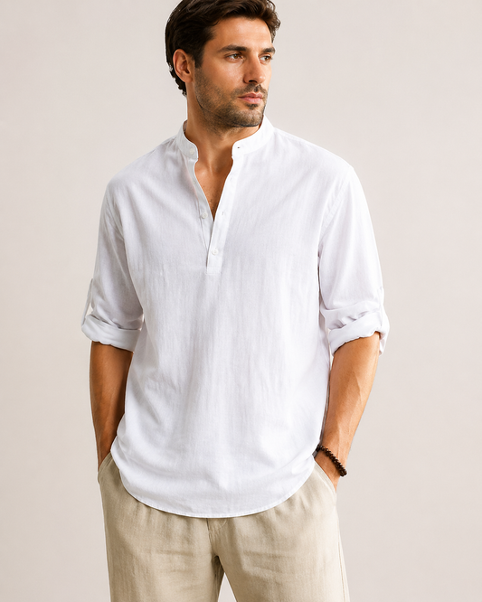 Camicia Lino Bianca/Colletto coreana