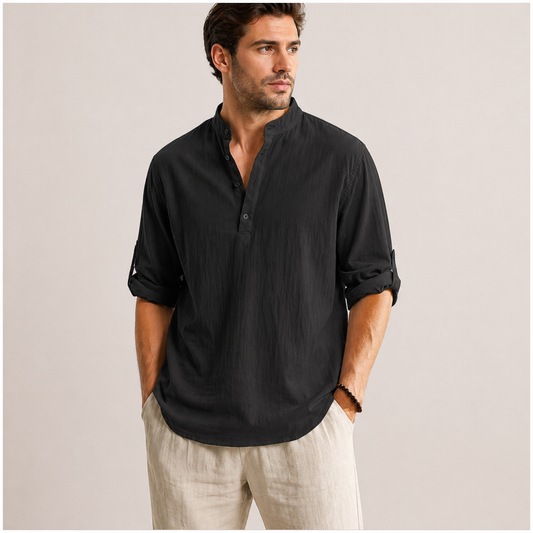 Camicia Nera Lino/Collo Coreana