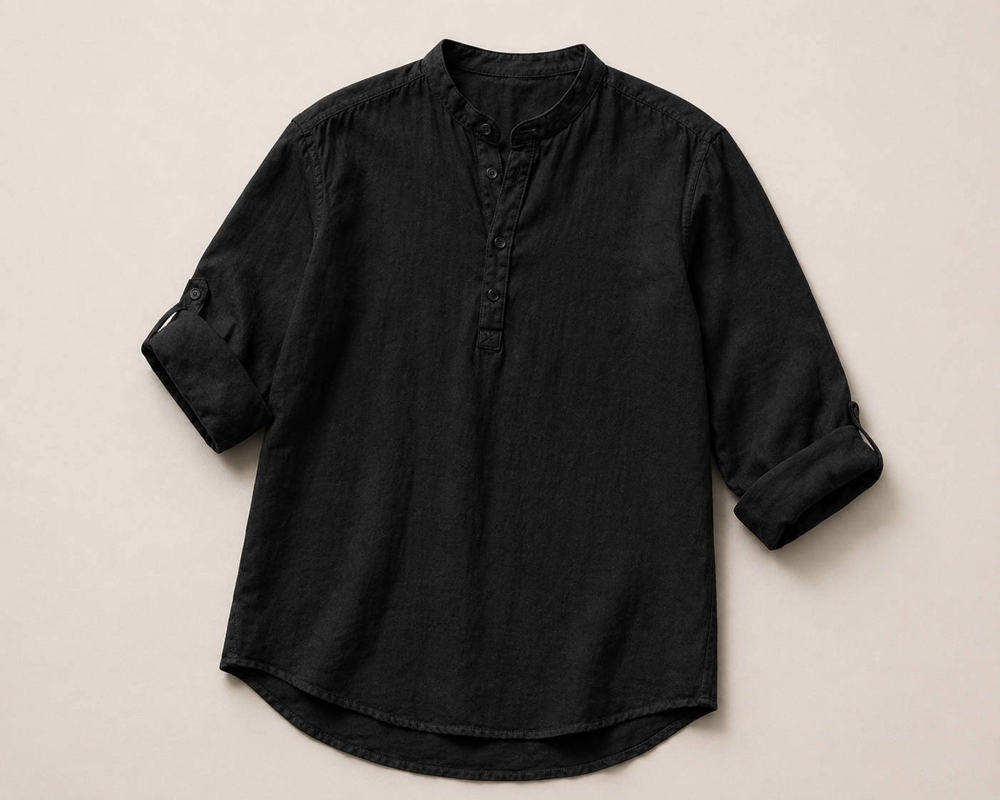 Camicia Nera Lino/Collo Coreana