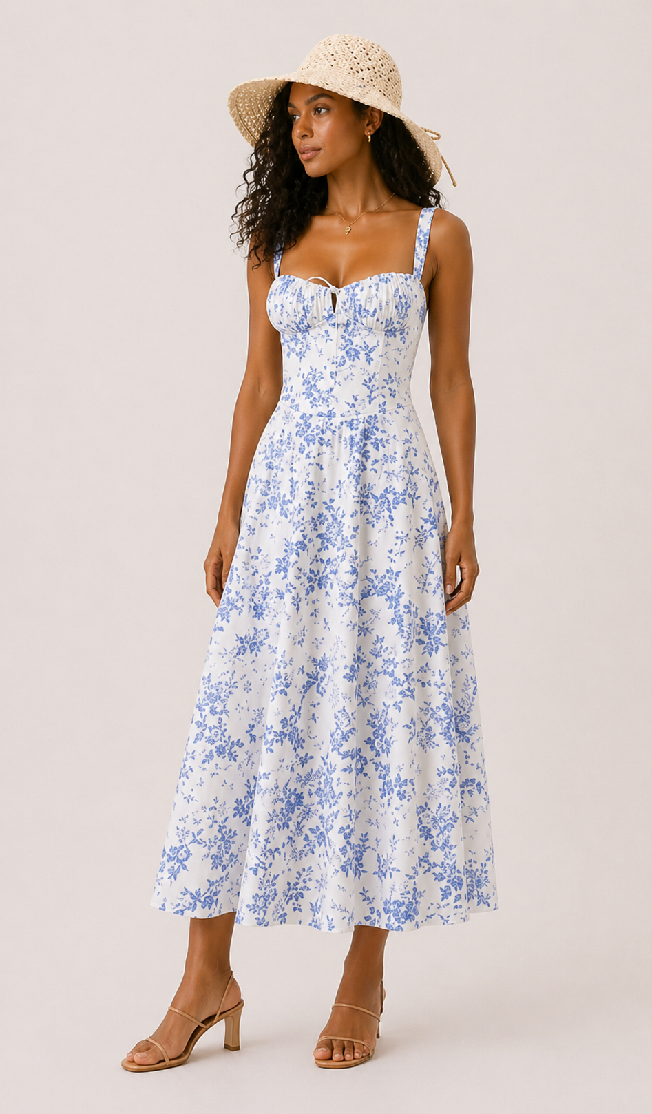 Abito midi floreale blu/con spalline