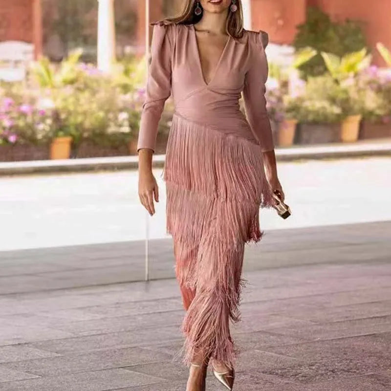 Elegante abito midi con frange