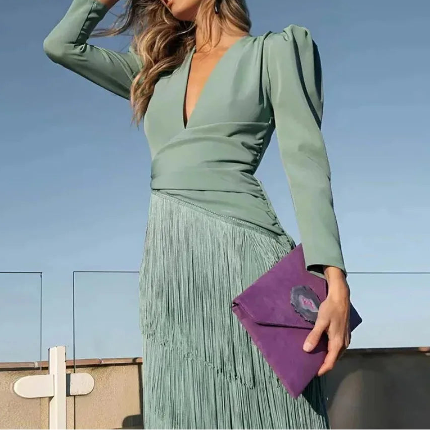 Elegante abito midi con frange
