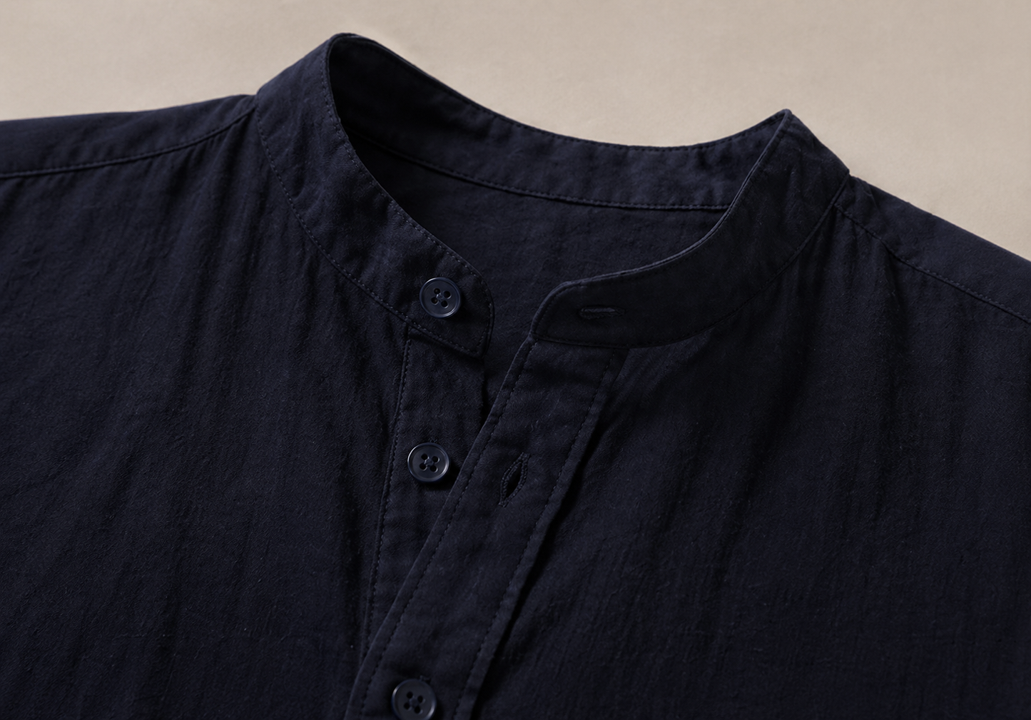 Camicia Blu Navy Lino/Colletto alla Coreana