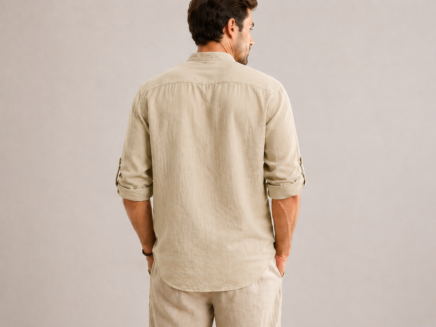 Camicia in Lino Color Kaki/Colletto alla Coreana