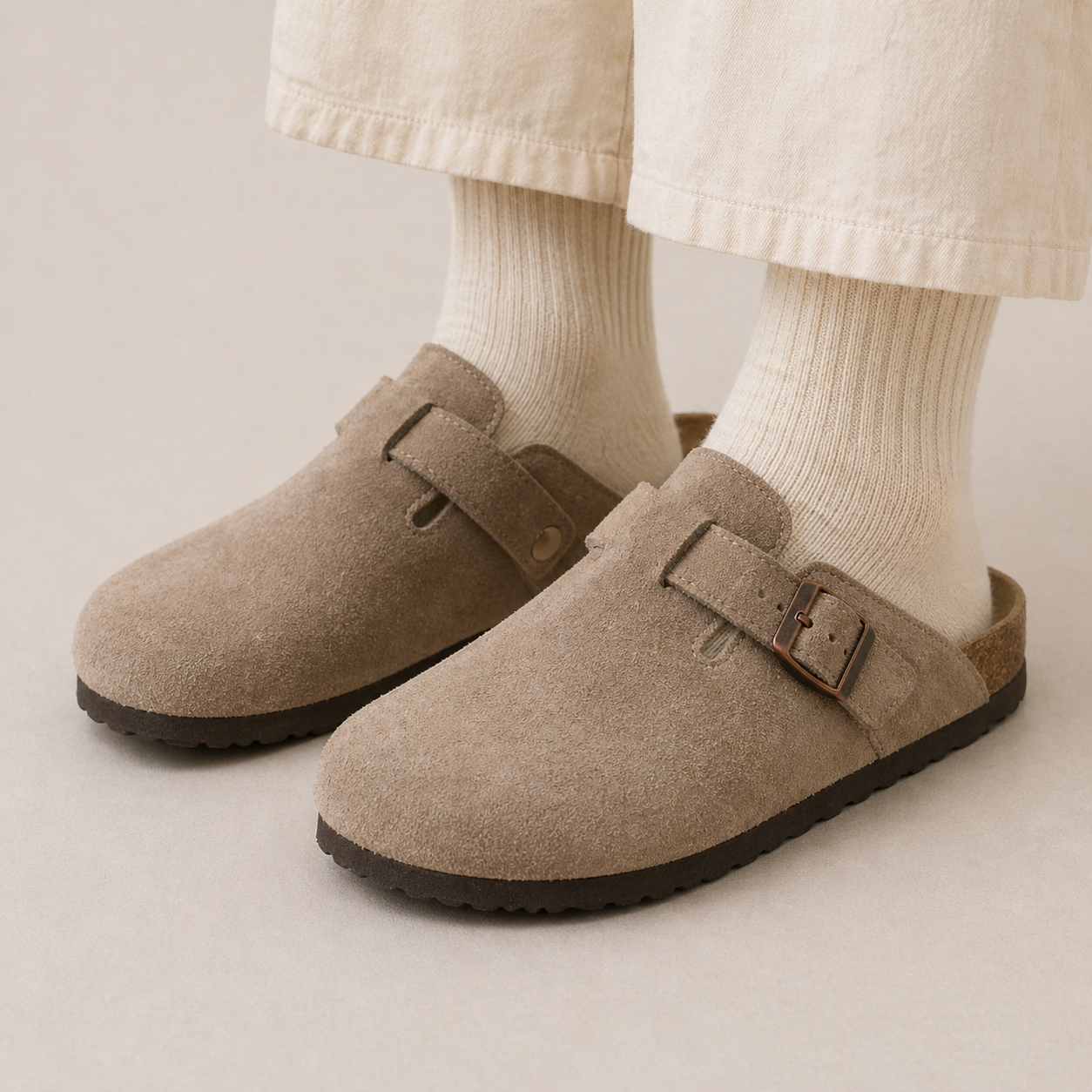 Zoccolo Beige Tipo Scamosciato/Fibbia