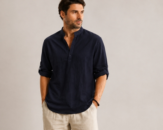 Camicia Blu Navy Lino/Colletto alla Coreana