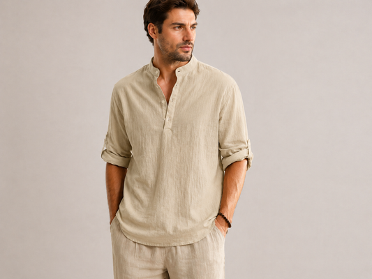 Camicia in Lino Color Kaki/Colletto alla Coreana